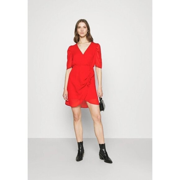 VERO Moda Red "Lee" Faux Wrap Dress Ruffle Trim - Picture 1 of 8